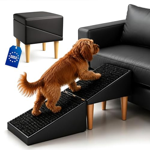 Outentin Hundetreppe klappbar – Hunderampe für Sofa & Bett, 36 cm hoch | Kunstleder Schwarz – rutschfeste Haustiertreppe, weich & stabil, für kleine & große Hunde