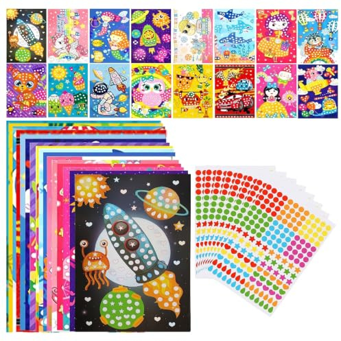 DRADERCH Kreatives Kinder Bastelset | 16 Stück Klebepunkt Aufkleber, Buntes Pappe zum Basteln, Mosaik Bilder DIY Kunsthandwerk Sticker