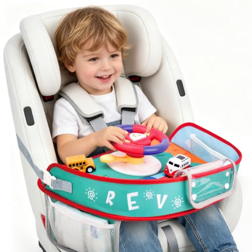 deAO Kids Steering Wheel Toys, Musical Car Seat Tray Pretend Driving Toy | 360° Rotation Toy Steering Wheel with Horn Sounds, Storage Tray and Adjustable Strap, Travel Interactive Toys for Toddlers