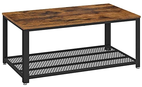 VASAGLE Couchtisch, Wohnzimmertisch mit 2 Ebenen, mit Gitterablage, Fernsehtisch, Metallgestell, verstellbare Füße, für Wohnzimmer, Industrial Style, vintagebraun-schwarz LCT61X