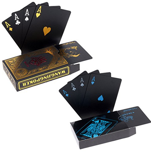 2 x Playing Cards Schwarze Wasserdichtes Pokerkarten Plastik Spielkarten aus PVC Profi Premium Spielkarten für Texas Holdem Poker - 1 Gold & 1 Black