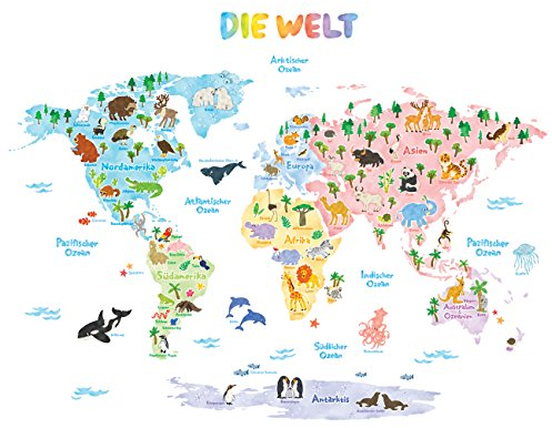 DECOWALL DAT-1615SDE Weltkarte Tierweltkarte Tiere Wandtattoo Wandsticker Wandaufkleber Wanddeko für Wohnzimmer Schlafzimmer Kinderzimmer (Groß) (Deutsche Ver.)