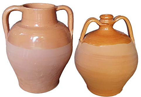 BROCCHE PER ACQUA IN TERRACOTTA (2 PEZZI DIVERSI), FATTE A MANO SUL TORNIO, SMALTATE ALL’INTERNO IN CERAMICA GIARETTE MUMMOLO ARREDO TAVOLA MADE IN ITALY