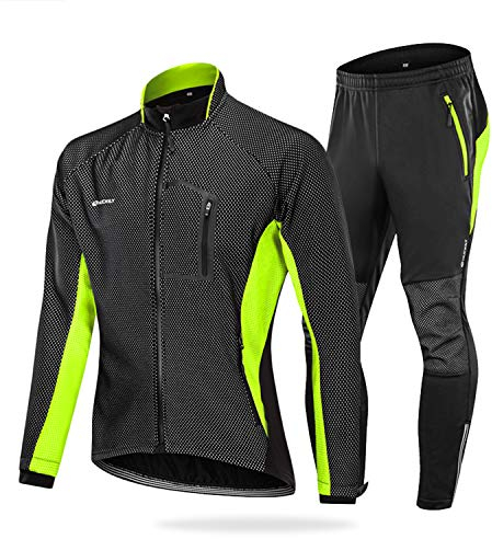 NUCKILY Herren Fahrradbekleidung Set Winddicht Thermo Fleece Winterjacke MTB Bekleidung Rennrad Fahrrad Trikot Langarm und Fahrradhose mit 3D Sitzpolster (ME020 Grün, L)