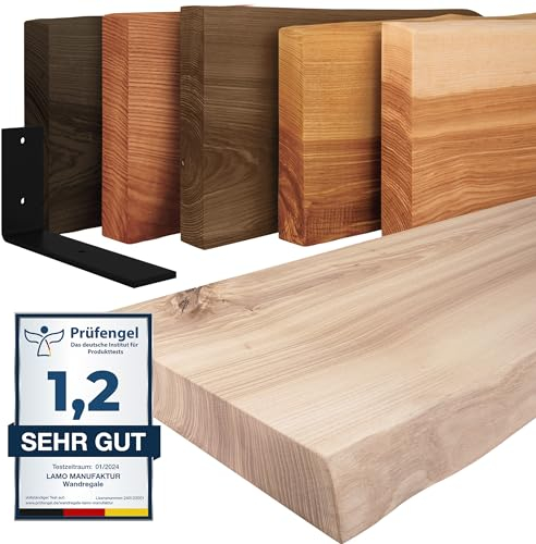 LAMO Manufaktur Wandregal Holz Baumkante | Regal Farbe: Roh | mit schwarzem Basic Regalträger | 160 cm