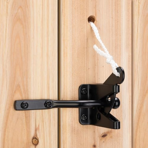 Self Locking Heavy Duty Gate Latch Automatic Gravity Lever for Wooden Fence with Longer Fasteners, Door Latches with Pull String, Steel, Black