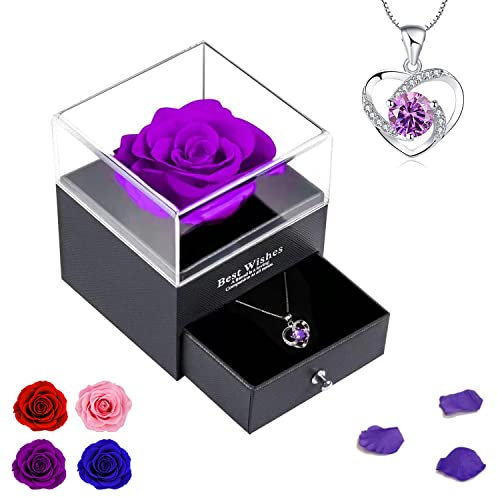 NEWUPZSI Rose Éternelle Cadeau St Saint Valentin Femme Rose éternelleavec Love You Collier boîte à Bijoux, Idee Cadeau Saint Valentin Mariage Fete des Meres pour Femme Maman