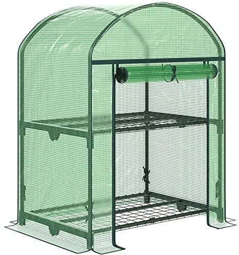 Outsunny Mini Serra da Giardino con 2 Ripiani in Metallo e Copertura in PE, Serra da Balcone e Terrazza Compatta 69x49x91cm, Verde