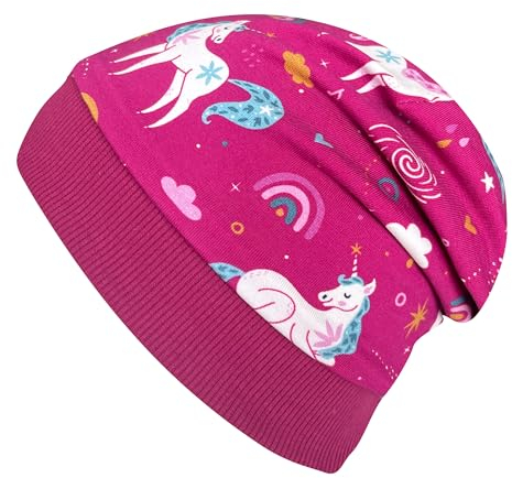 Wollhuhn Öko Warme Kuschelige Winter Jungen/Mädchen Winter Beanie-Mütze Mit Fleecefutter Versch. Motive (aus Öko-Stoffen, Bio) 20220666 (Einhörner Beere, M)