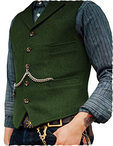 AeoTeokey Classic Mens Wool Tweed Suit Vest Casual Sleeveless Jacket Herringbone Waistcoat for Tuxedos(XXL,Green)