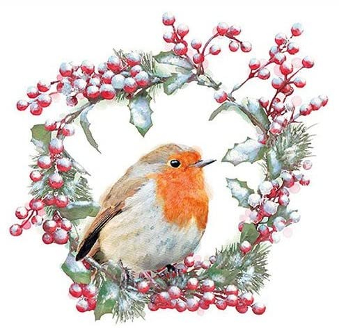 Servietten mit Rotkehlchen, 20 Stück, 33 x 33 cm, Weihnachtsvogel mit Winterbeere und Rotkehlchen im Kranz-Design