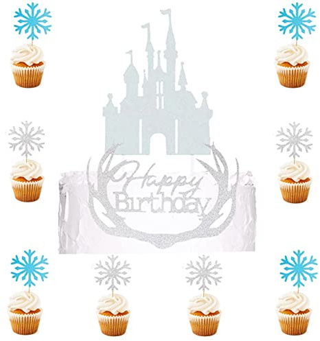 Houhounb Schloss Tortendeko Geweih Happy Birthday Kuchen Topper und Frozen Glitter Deko mit Schneeflocke für Geburtstag Tortendeko Weihnachten Kuchendeko Hochzeitstorte Tortenaufleger, Sliber,Blau