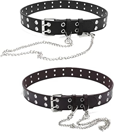 ACMEDE 2 Stück Gürtel mit Nieten Unisex Mädchen Damen Doppelloch Nietengürtel Punk Ledergürtel Nieten Schwarz Ösengürtel mit Kette Cosplay Gürtel Leder Hip Hop Gürtel mit ösen,90cm (schwarz + braun)