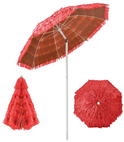 GOPLUS Sombrilla de Playa 200 cm, Sombrilla Hawaiana de Paja PP, Sombrilla Inclinable con 8 Varillas y Barra Plegable, Parasol para Exterior Terraza Jardín Patio Piscina, Sin Base (Rojo)
