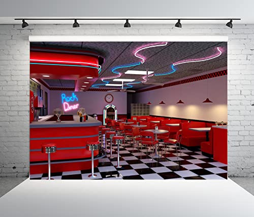 BELECO 2.5x1.8m Stoff Vintage 50er Jahre Diner Hintergrund für Fotografie 1950er Jahre American Diner Fast Food Soda Shop Restaurant Neon Esszimmer Hintergrund Photo Booth Studio