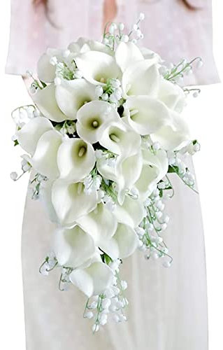 Emivery Cascading White Calla Lily Artificial Lily of The Valley Bridal Bouquet - Waterfall Wedding Bouquet for Bride