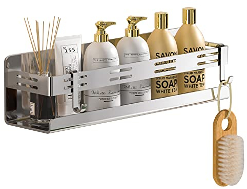 Celbon 30cm Chrom Duschkorb ohne Bohren Selbstklebend Edelstahl Badezimmer-Regal Organizer mit 2 Haken Duschregal Küche Organizer Zubehör für Badezimmer, Küche, Aufbewahrung…