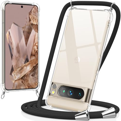 caslord Handyband kompatibel mit Google Pixel 8 Pro, Necklace Hülle mit Bands Handyhülle für zum Umhängen, Transparent Case mit Handykordel,Stoßfeste Schutzhülle zum Umhängen Kordel,Schwarz
