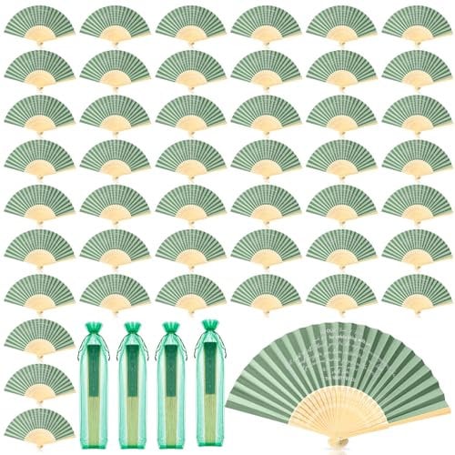 Pinkunn 100 Pcs Sage Green Folding Fans for Wedding Paper Bamboo Folded Hand Fan for Guests with 100 Pcs Organza Bags 100 Thank You Tags for Bridal Shower Party Favor