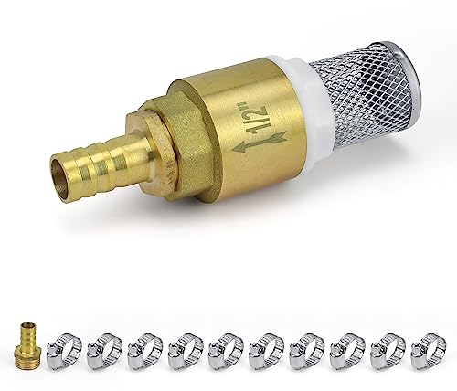 Valvola di Non Ritorno Acqua 1/2, SRJQXH Valvola di Non Ritorno Filtro, Valvola di Ritegno Rame, con 2 Pezzi Connettori per L'acqua, Fascetta Stringitubo, per Giardino, Fontana, Piscina