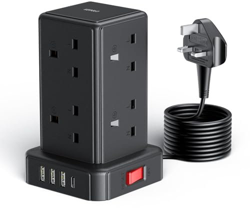 Tower Extension Lead 3M with 8 Way Multi Plug Extension Tower & 4 USB Ports (13A 3250W),Mini Power Strip with Switch, Extension Cable Surge Protection Extension Lead for Home, Kitchen,Office