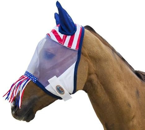 Derby Originals Horse Fly Mask with Ears and Nose Fringe, UV Blocking Fine Mesh, USA Stars and Stripes Design, 1 Year Limited Warranty