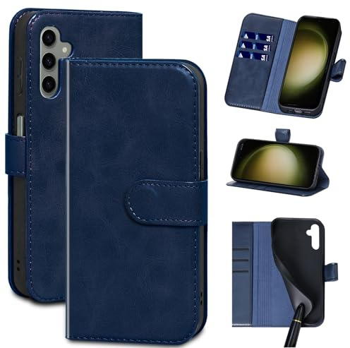 Gexmil Leder Hülle für Samsung Galaxy A14 6.6 Inch,Echtes Leder/Standfunktion/Stoßfeste/Kartenfach/Klappbar,Flip Wallet Handyhülle Cover,Öl Wachs Blau