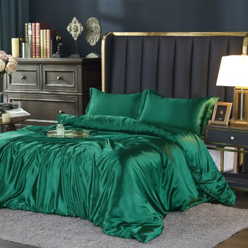Bettwäsche Satin 135x200 cm Grün Dunkelgrün Glänzend Seide Glatt Einfarbig Bettwäsche Set Luxus Glanzsatin Microfaser Bettbezug Bettwäsche-Sets Einzelbett mit Reissverschluss und Kissenbezug 80x80