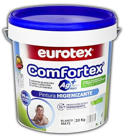 EUROTEX Pintura Higienizante Comfortex AG+ con Tecnología de Iones de Plata - Pintura Plástica Blanca Interior y Exterior - Evita el crecimiento de Virus y Microorganismos (20 Kg)