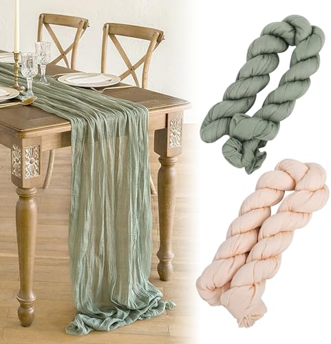 DMJJSD Tischläufer 90x300CM 2Stück mit Falten Käsetuch Chiffon Tischläufer Beige & Tischläuferr Grün Boho Lang Rustikaler Gaze-Tischläufer Tischdecke Table Runner Tischdeko für Hochzeit/Geburtstag