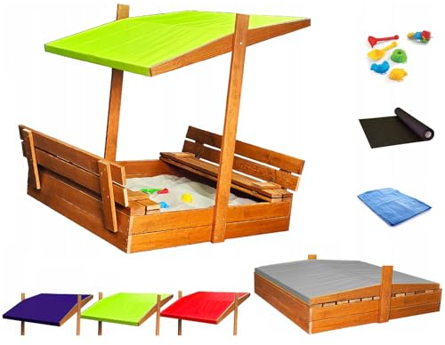 Sandkasten aus Holz mit Sitzbank Dach Abdeckung Imprägniert Sandbox 150 cm (Grün)