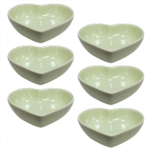 Albedel Light Green 6 pcs Heart Shaped Porcelain Soy Sauce Dish Ceramic Dip Dipping Bowls 1.65 oz for Dinner Baking BBQ and Cooking