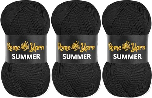 Rome Yarn Summer Filato | Effetto Seta | 100 g / 350 m | 100% Microfibra | Filato Acrilico Anti-Pilling per Maglia, Uncinetto, Arte e Fai-da-Te (3 Gomitoli, 940 Nero)