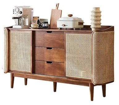 GUERNSEY Anrichte Holz-Sideboard im chinesischen Stil for Esszimmer mit Schubladen, Doppeltür, Rattan-Aufbewahrungsschrank, multifunktionaler Aufbewahrungsschrank Buffetschrank