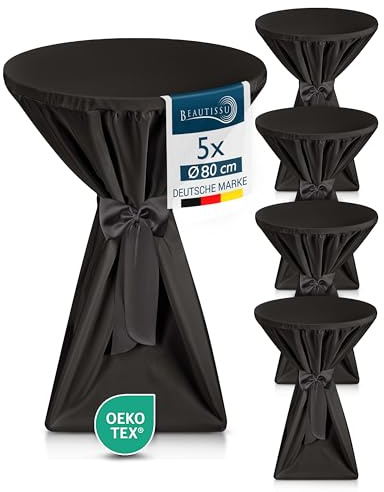 Beautissu 5X Premium Stehtischhussen Blickdicht rutschfest bügelfrei | 80cm schwarz waschbar Tischhussen für Stehtische Stehtischüberzug Husse für Stehtisch Bistrotisch Tischhusse Giulia Premium