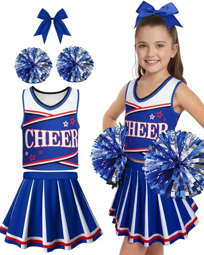 JenPen Cheerleader Costume for Cute Cheerleading Outfit Cheer Uniform for Halloween Dress Up with Accessories(L(7-9year),Blue)