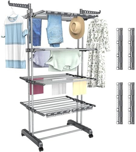 Shrivee Séchoir à Linge pliable à 5 niveaux, hauteur réglable, étendoir à linge d'intérieur en acier inoxydable avec 4 roulettes, 32 tringles à vêtements, 14 crochets et 4 supports pour petites pièces