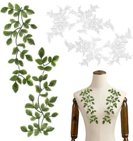 2 Paar Bestickte Spitze, Blumen Und Grüne Blätter Stickerei, Spitzenstoff, Stoffdekoration, Dekorative Applikation Zum Nähen, Spitzendekoration Zum Nähen, Kleiderverschönerung