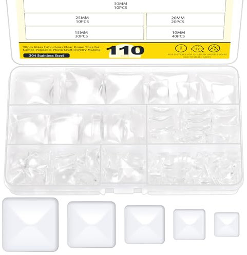 Mardatt Glass Cabochons Kit, 110 Stück 5 Größen Quadrat klar Glas Cabochons, flache Rückseite transparentes Glas Kuppel Cabochons Fliesen Quadrat klar Glas Kuppel Fliesen