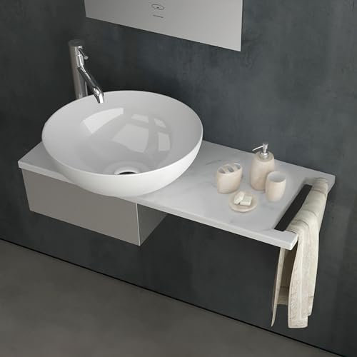 Alpenberger Waschbecken Gäste WC | Aufsatzwaschbecken Rund auf Keramikplatte mit Edelstahlkasten | Waschschüssel Waschschale | Waschplätze mit Handtuchhalter | Waschtisch Set Calacatta