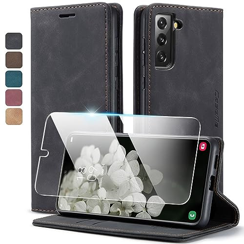 Premium Leder Flip Hülle für Samsung Galaxy S22 5G – [Inklusive kratzfestem Displayschutz] – 360° Rundum-Schutz mit Kartenfächern, Magnetverschluss & Standfunktion (Schwarz, Samsung Galaxy S22)