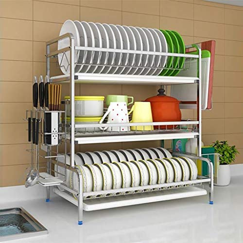 Escurridor de platos Escurridor de platos de 3 niveles con soporte para utensilios, soporte para tabla de cortar y escurridor de platos para encimera de cocina, secador de platos de acero inoxida