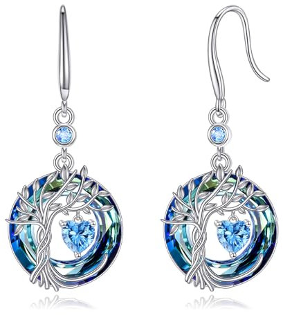 Tree of Life Earrings 926 Sterling Silver Dainty Blue Topaz Dangle Drop Gemstone Earring December Birthstone Fine Jewelry Birthday Christmas Gifts for Women Her