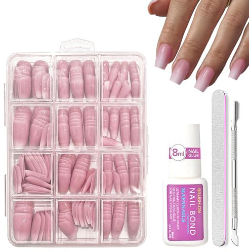 Press On French Tip Nails - 240 Pcs Natural Gradient Coffin Kit - Medium Long Square Nude False Nails - Glossy Full Cover Stick On for Women Girls Nail Art Ballerina Manicure