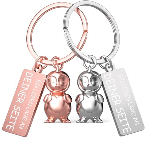 Pinguin Schlüsselanhänger, Pärchen Schlüsselanhänger Freund, Partner Liebe Schlüsselanhänger, Geschenk für Freund, Jahrestag Geschenk für Ihn, Geschenke Valentinstag Geburtstag, Silber & Roségold