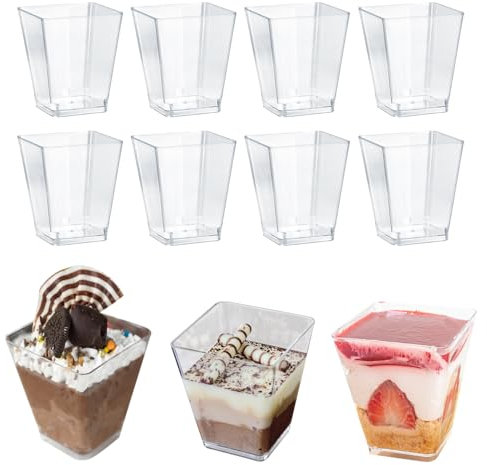 ZFOEFO 50 Stück Dessertbecher Plastik Dessertgläser Wiederverwendbar Dessert Becher Transparent Dessert Schälchen 7.5 * 5.8 * 4cm Pastikbecher Klein Plastikbecher für Dessert Mousse Pudding Eiscreme