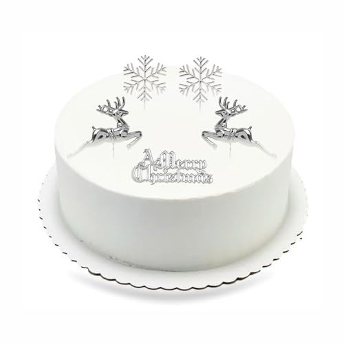 Christmas Cake Toppers Merry Christmas Cake Decoration Set Includes 1 Xmas Sign 2 Reindeer 2 Snowflake Cupcake Toppers Perfect For Cakes Cupcakes DIY Decor Holiday Happy New Year Party Supplies (5pcs)