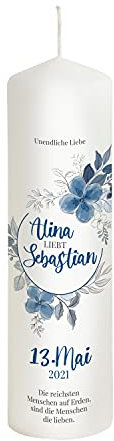 Liamoria® Hochzeitskerze Blume in Blau mit Namen, Datum und Spruch - Modell Alina - Personalisierte Kerze zur Hochzeit (25 x 8 cm)