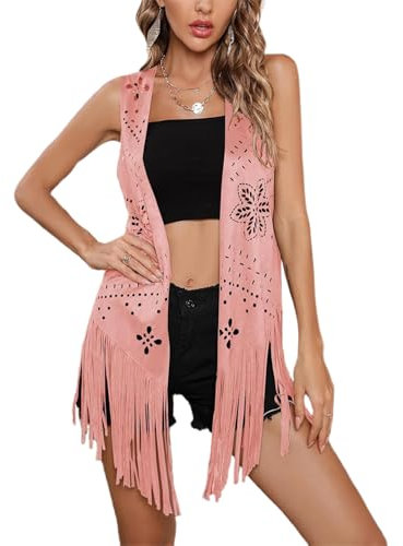 Edhomenn Gilet à pompons style hippie années 70 en faux daim à franges pour femme, cardigan de couleur unie, ouvert sur le devant, veste Y2k sans manches, 07 Rose, XL