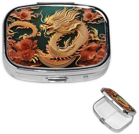 Pilulier carré pour sac à main ou poche - 2 compartiments - Petit pilulier portable - Motif dragon - Fond chinois - Pilulier de voyage pour médicaments, vitamines, morue, huile de foie